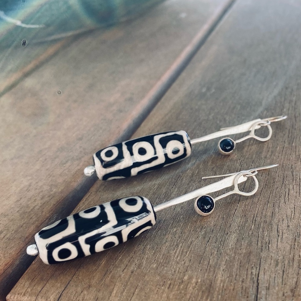 Handcrafted Sterling Silver Earrings/Onyx & Ceramic/Black White Bohemian Style